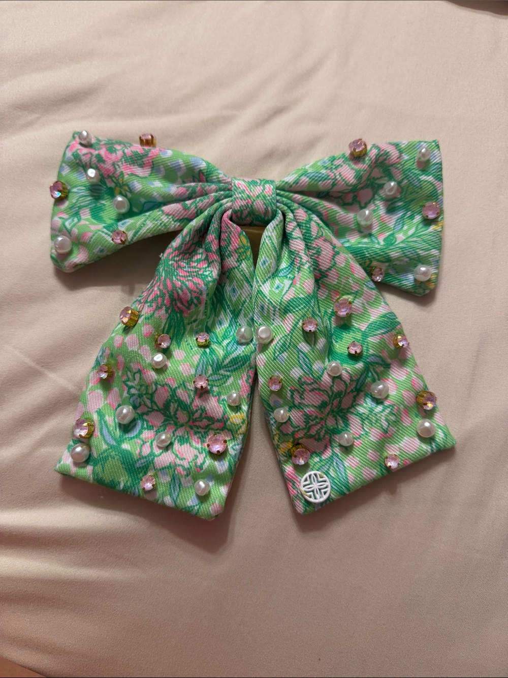Lilly Pulitzer Green Floral Bow Hair Clip with Pearls and Pink Gems